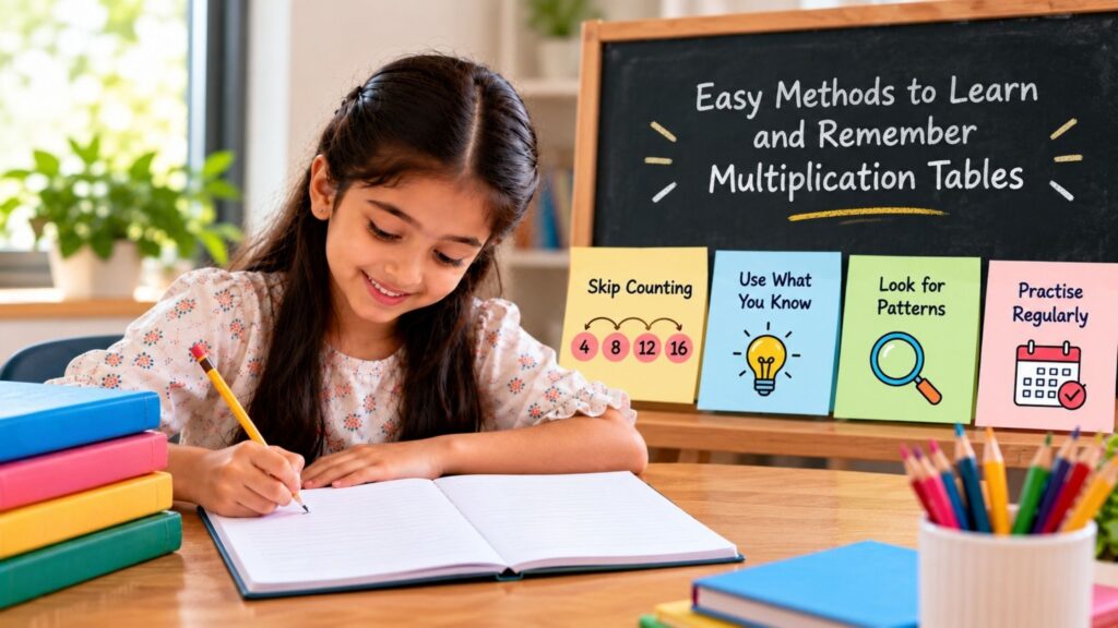 Easy methods to learn multiplication tables using skip counting, number patterns and regular practice.