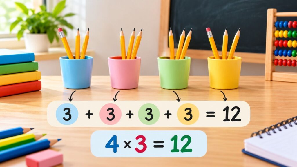 Four groups of three pencils illustrating repeated addition and multiplication for students.